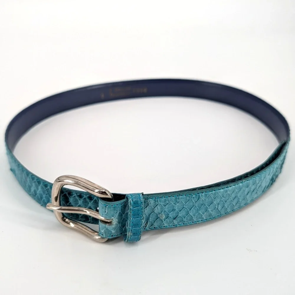 Genuine Snakeskin Belt Teal Blue Exotic Leather Brass Plated Buckle Size‎ L